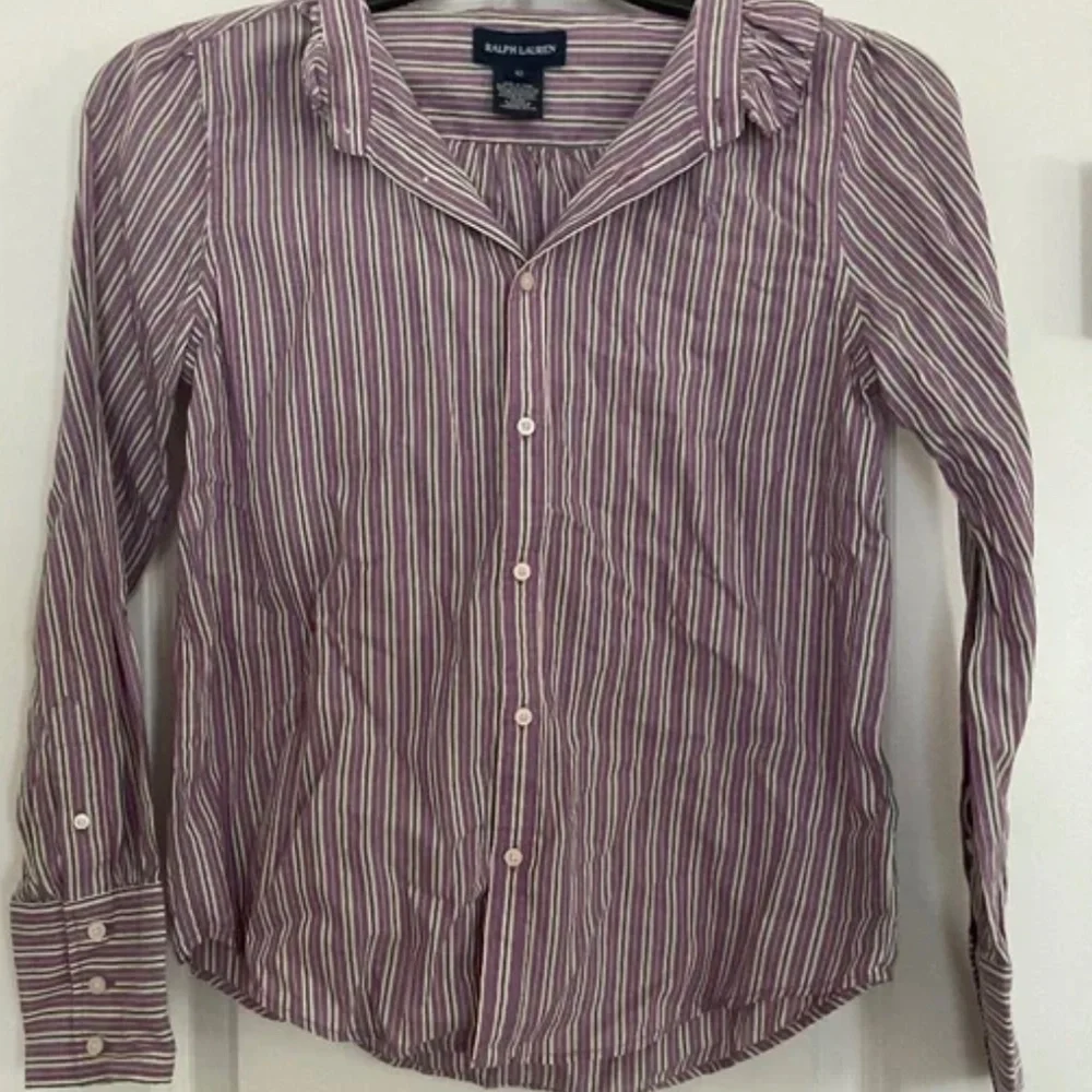 Ralph Lauren Girl Striped Shirt Size 12 Frilled Collar White Purple Long Sleeve